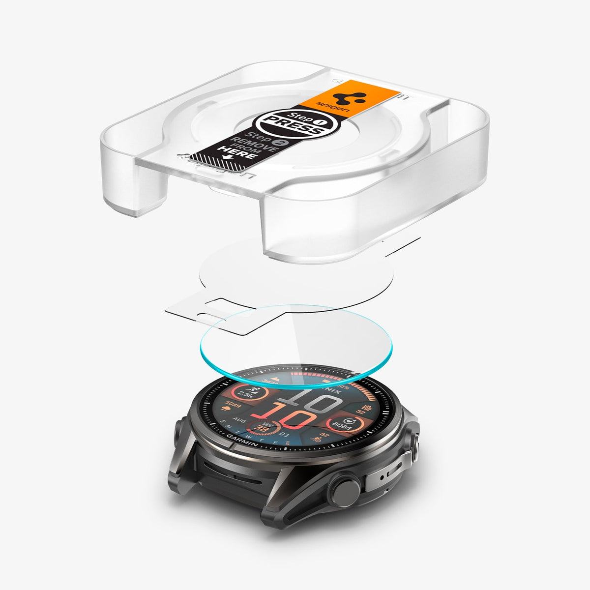 AGL09158 - Fenix 8 (47mm) Glas.tR EZ FIT in Clear showing the front of alignment tray hovering above the film strip, screen protector and the watch face