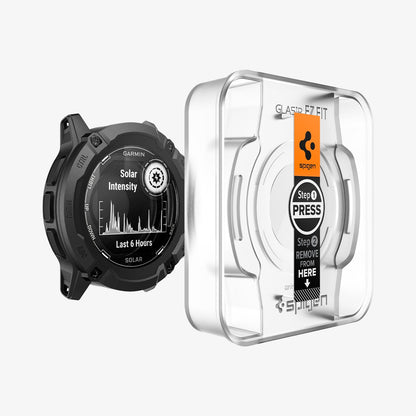 AGL07593 - Instinct 2X Glas.tR EZ FIT in Clear showing the device, screen protector, ez fit tray and packaging