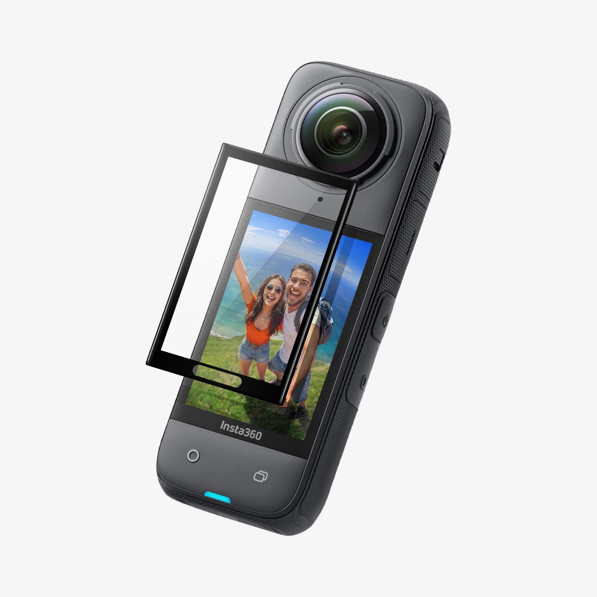 AGL09309 - X4 Insta360 Glas.tR SLIM in Black showing the screen protector hovering in front of the device