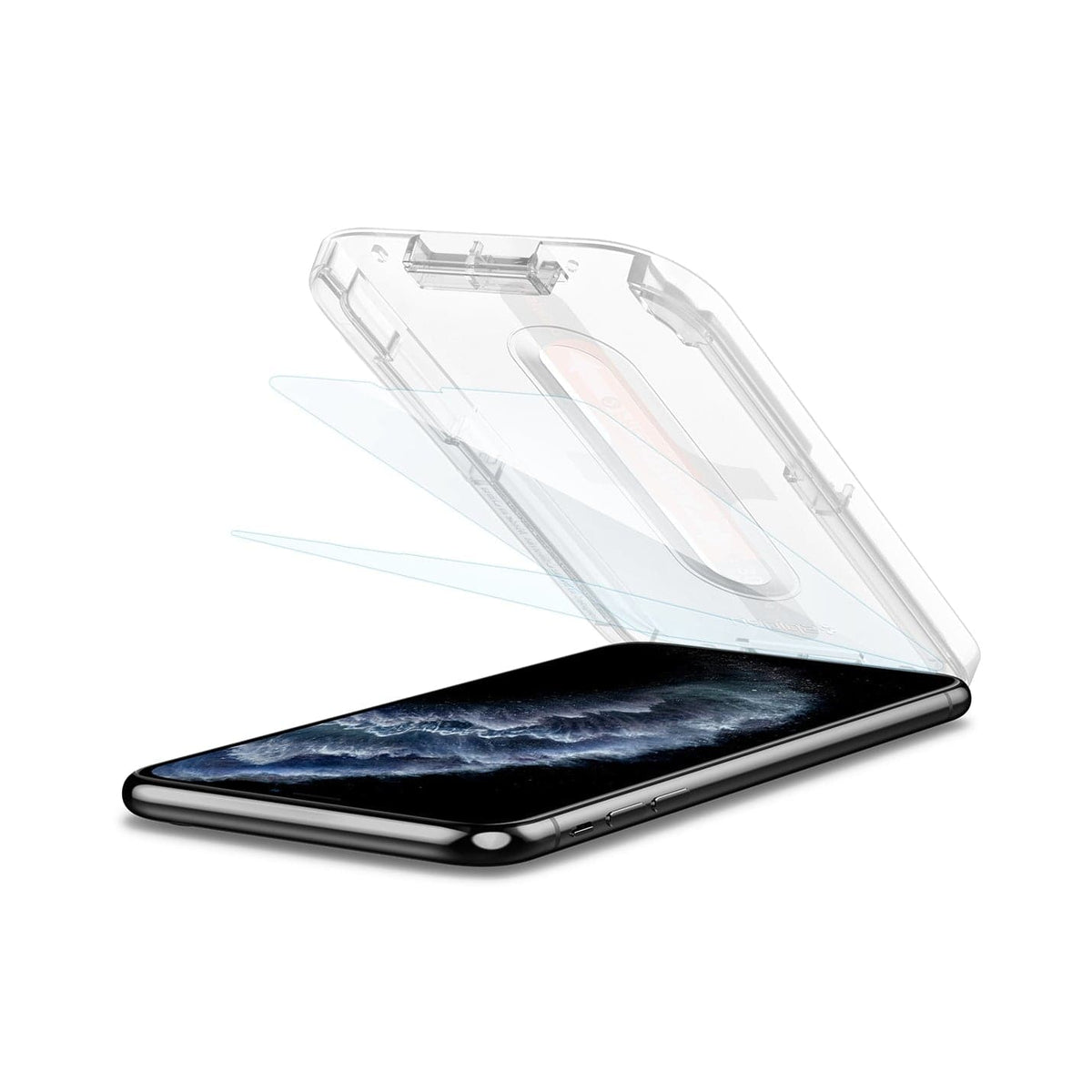 063GL25358 - iPhone XS / X Screen Protector GLAS.tR EZ Fit showing the device laying flat and ez fit tray with screen protector being installed