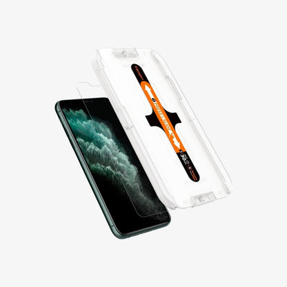 065GL25359 - iPhone XS Max Screen Protector GLAS.tR EZ Fit showing the ez fit tray and screen protector hovering in front of device