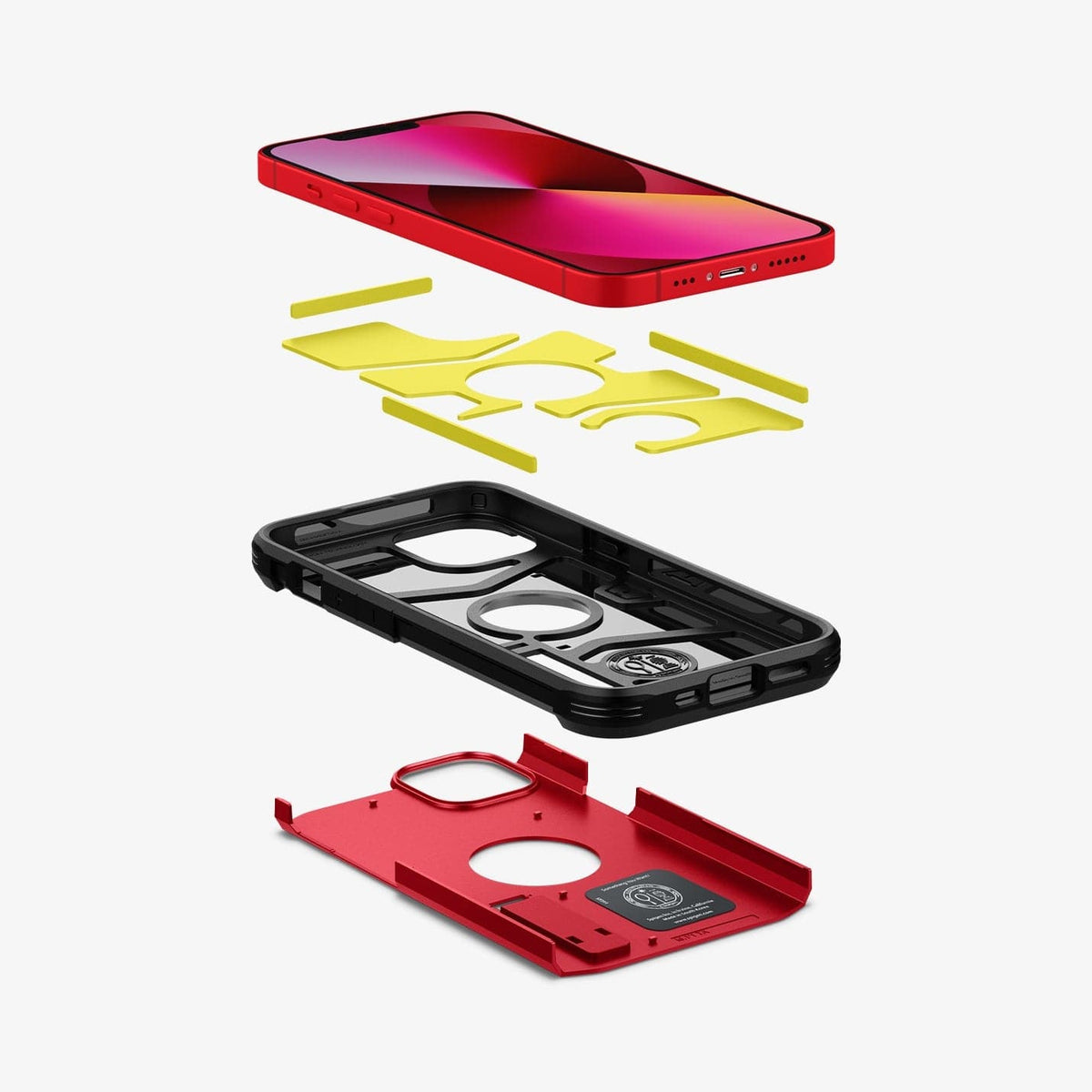 ACS03332 - iPhone 13 Mini Case Tough Armor in red showing the hard pc layer, flexible tpu layer, impact foam and device
