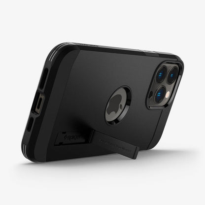 ACS03277 - iPhone 13 Pro Case Tough Armor in black showing the bottom and back with kickstand out