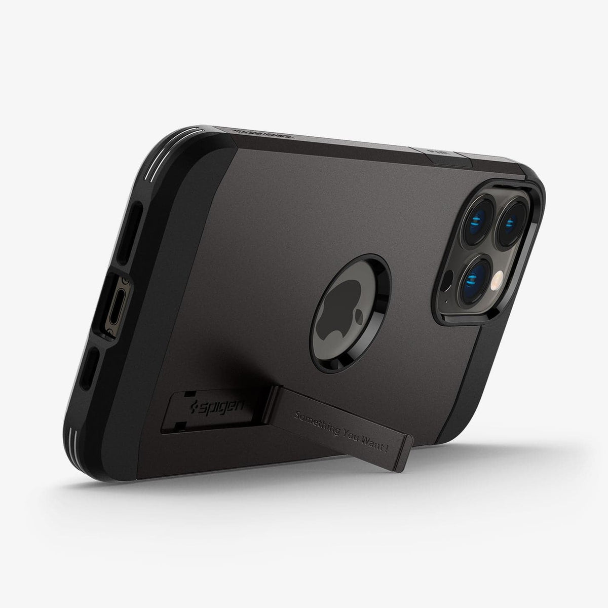ACS03276 - iPhone 13 Pro Case Tough Armor in gunmetal showing the bottom and back with kickstand out