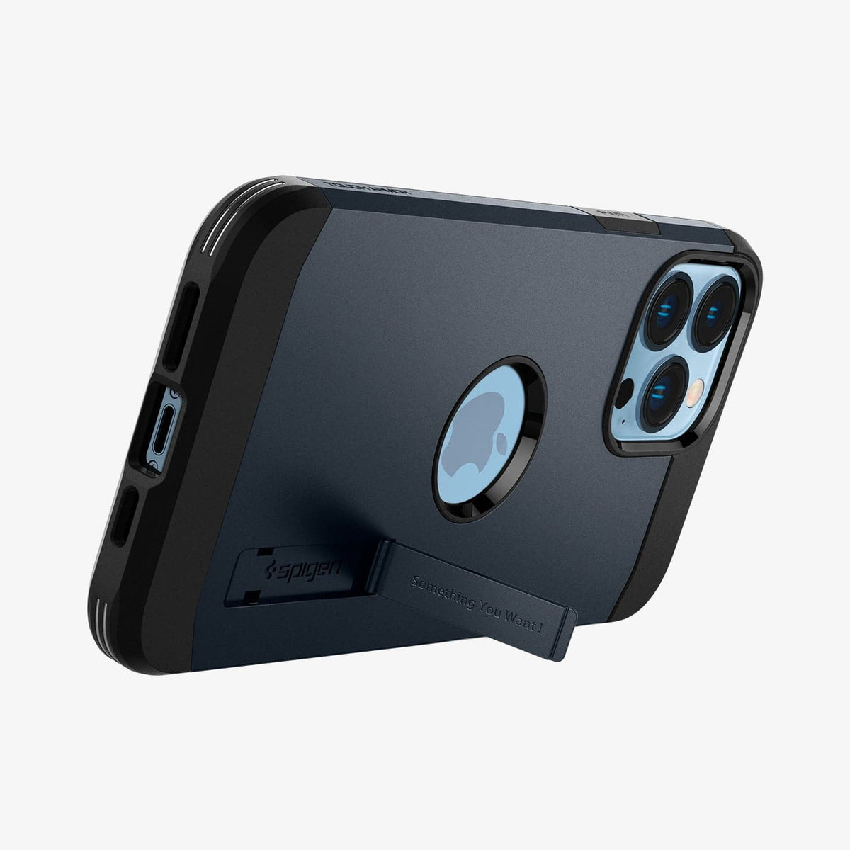 ACS03223 - iPhone 13 Pro Max Case Tough Armor in metal slate showing the back and bottom with device propped up by built in kickstand