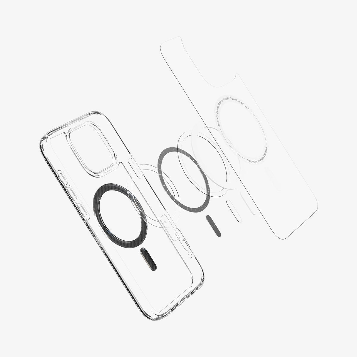 ACS08131 - iPhone 16 Pro Case Ultra Hybrid (MagFit) in Carbon Fiber showing the front of soft inner layer hovering above the magsafe magnet plate and the case