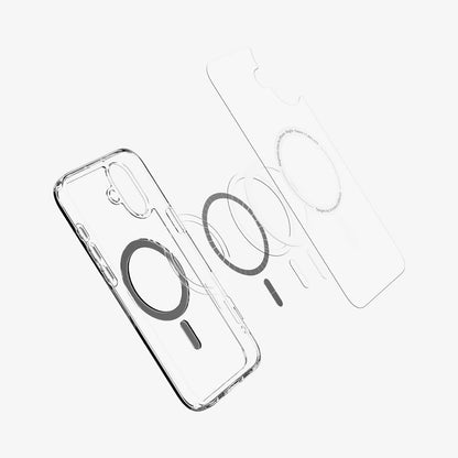ACS08076 - iPhone 16 Plus Case Ultra Hybrid (MagFit) in Black showing the front of soft inner layer hovering above the magsafe magnet plate and the case