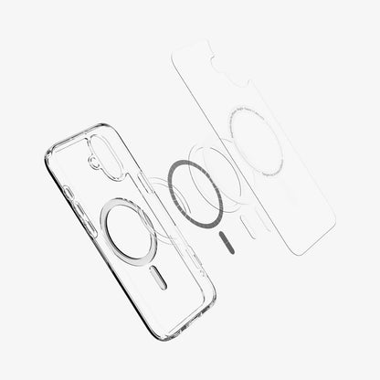 ACS08075 - iPhone 16 Plus Case Ultra Hybrid (MagFit) in White showing the front of soft inner layer hovering above the magsafe magnet plate and the case