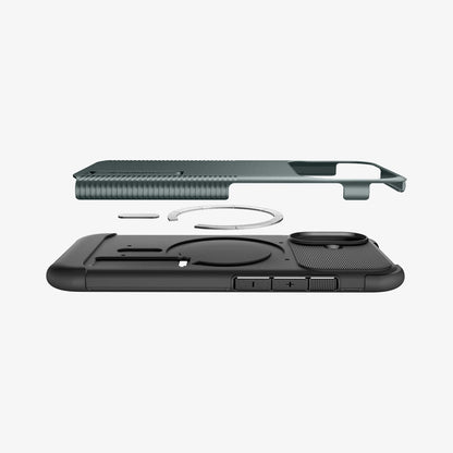 ACS09688 - iPhone 17 Slim Armor (MagFit) in Abyss Green showing the back cover hovering above detached metal ring plate and the back of the case