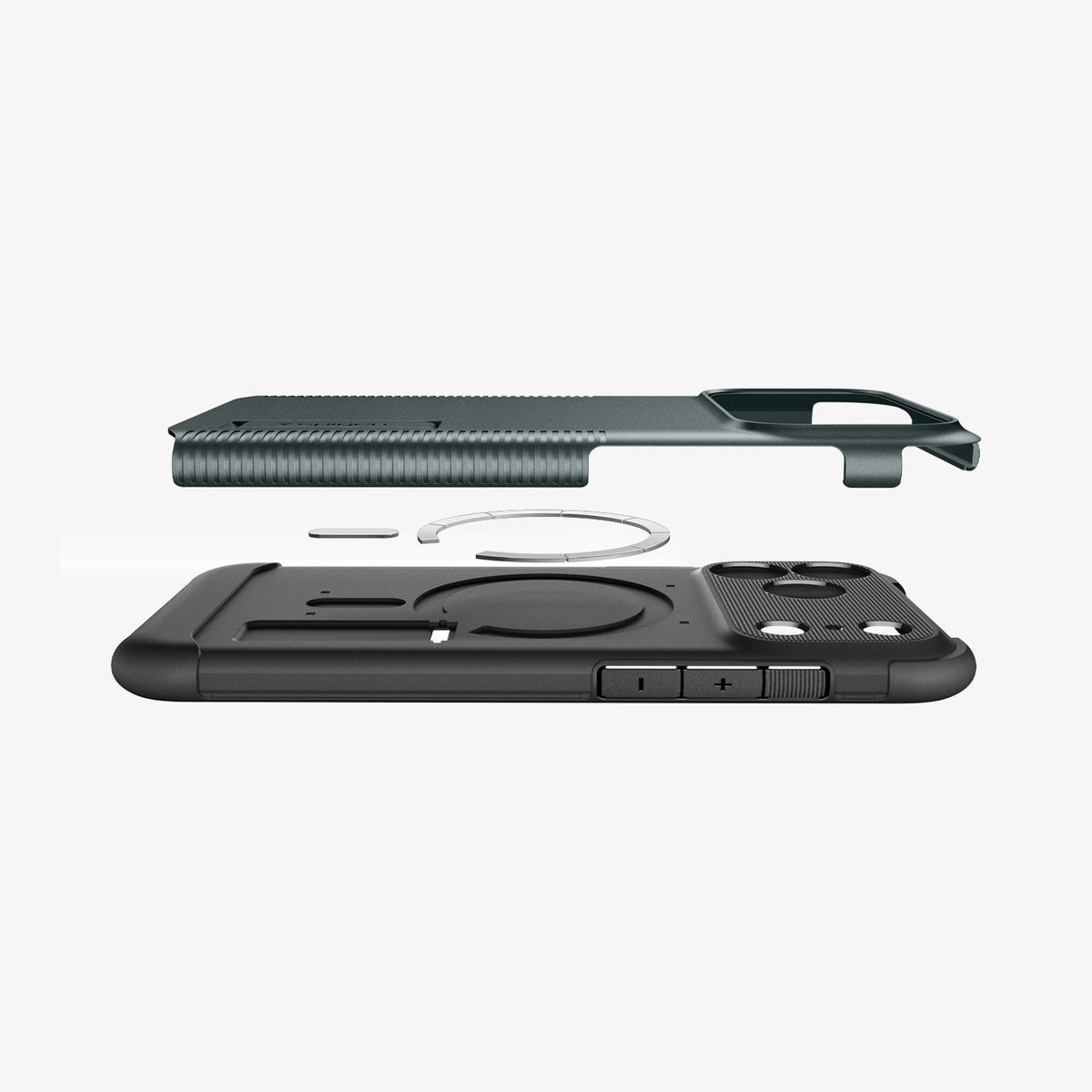 ACS09673 - iPhone 17 Pro Max Slim Armor (MagFit) in Abyss Green showing the back cover hovering above detached metal ring plate and the back of the case