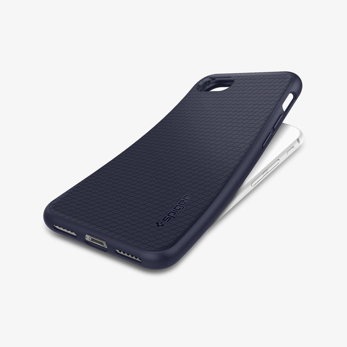 042CS21189 - iPhone 8 Series Liquid Air Case in Midnight Blue showing the back half lifted from device