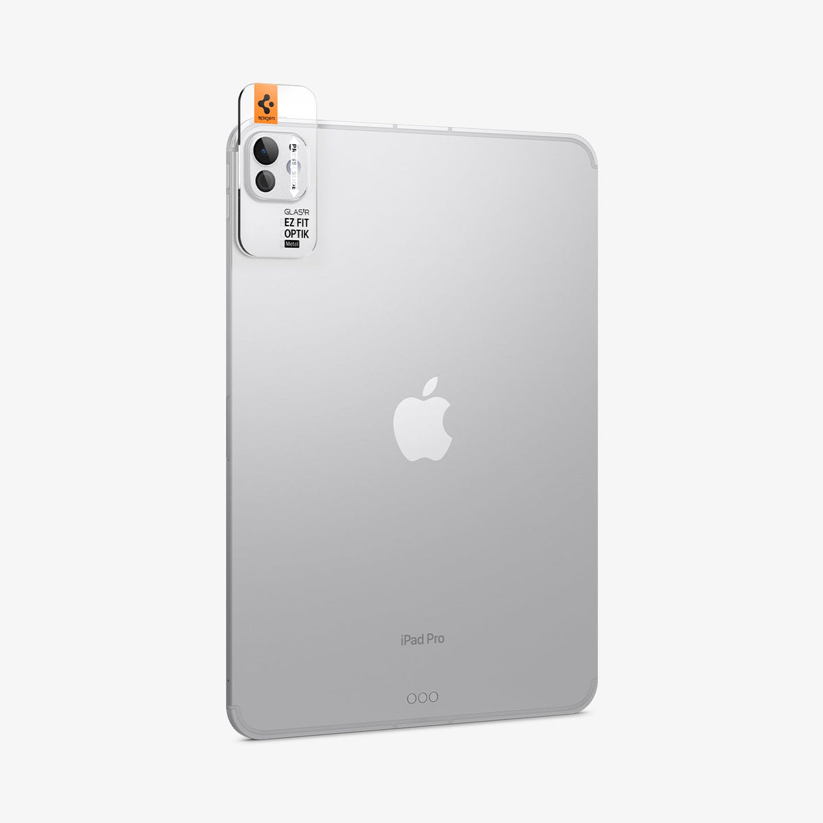 AGL07796 - iPad Pro 13-inch (2024) Optik Pro EZ Fit Lens Protector in Silver showing the back, installation tray attached to the device