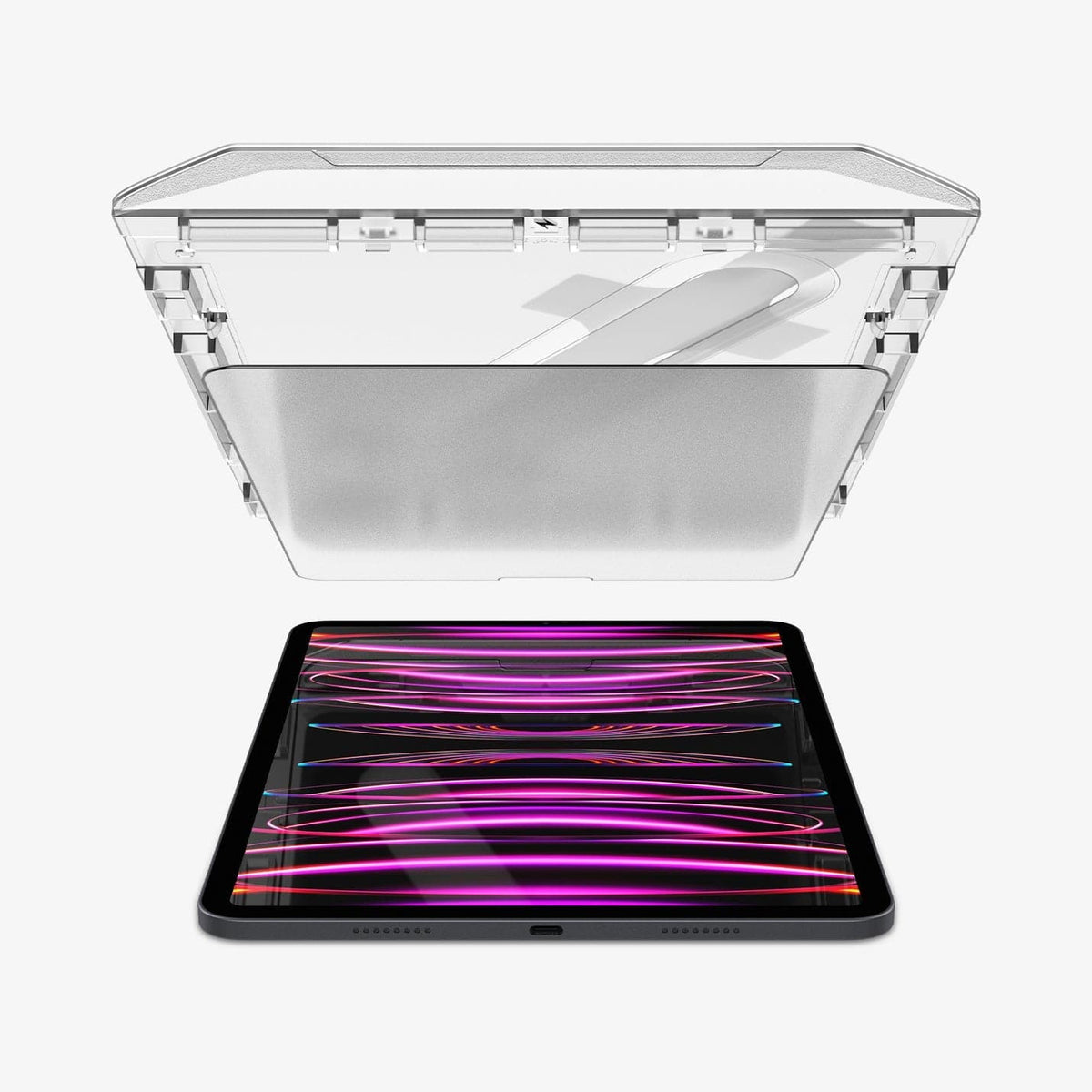 AGL06349 - iPad Pro 12.9" (2022/2021) Screen Protector Paper Touch EZ Fit showing the ez fit tray and screen protector hovering above the device