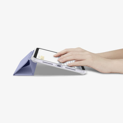 ACS03897 - iPad Mini 6 Case Ultra Hybrid Pro in lavender showing hands typing on screen with device propped up by built in kickstand