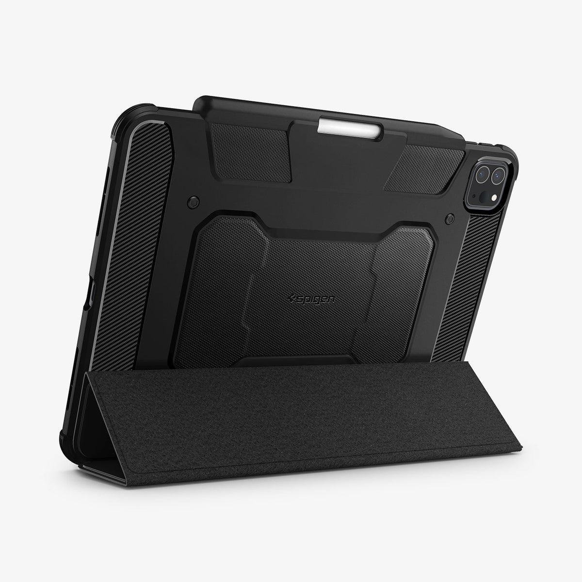 ACS01024 - iPad Pro 11-inch Case Rugged Armor Pro in Black showing the back, partial bottom with folded cover converted into kickstand with s-pen attached