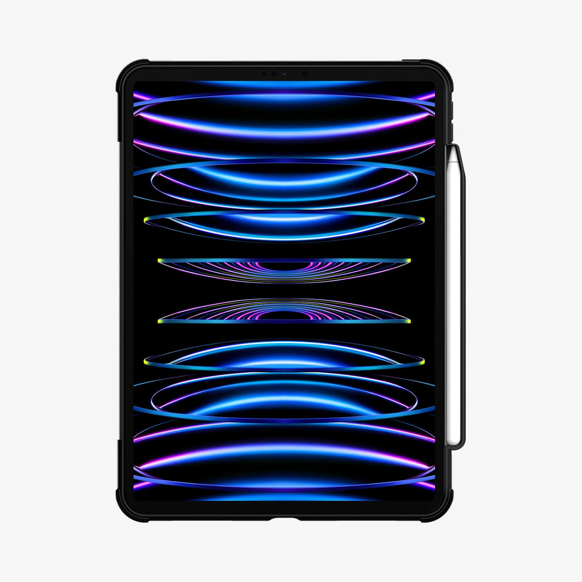 ACS01024 - iPad Pro 11-inch Case Rugged Armor Pro in Black showing the front of the device case opened with s-pen attached