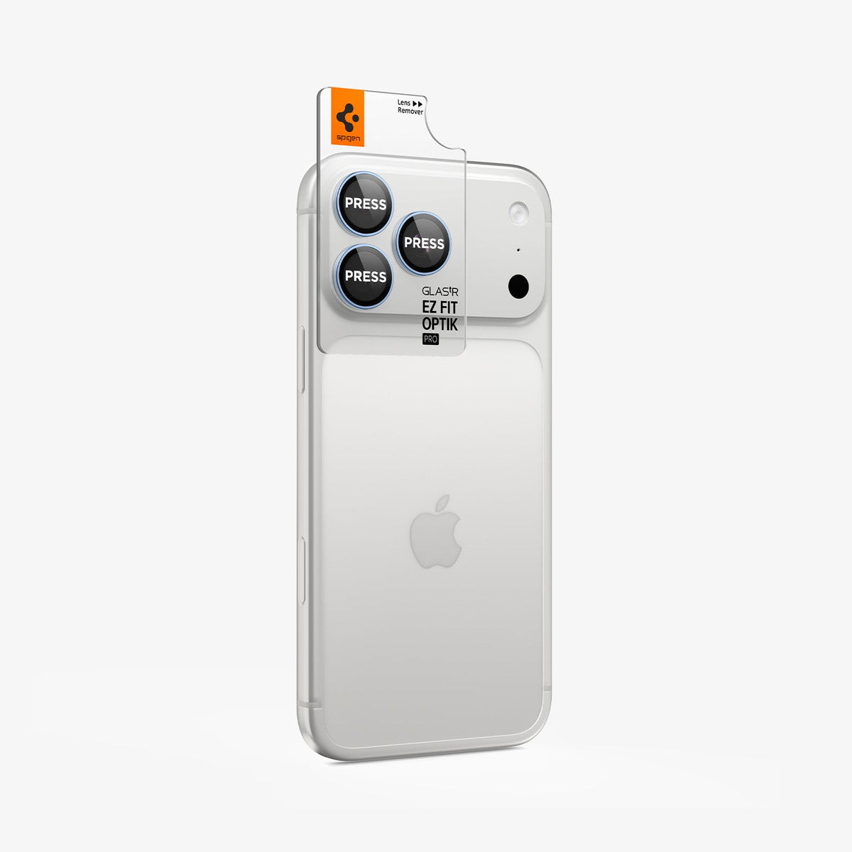 AGL12045 - iPhone 18 Pro Max / iPhone 18 Pro Optik Pro EZ Fit Lens Protector in Glacier showing an alignment tray positioned over the camera lenses for precise installation.