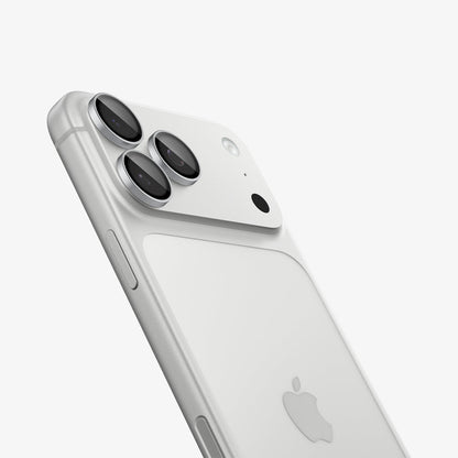 AGL12046 - iPhone 18 Pro Max / iPhone 18 Pro Optik Pro EZ Fit Lens Protector in Silver showing individual lens protectors installed over the camera lenses.