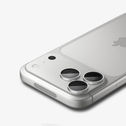 AGL12046 - iPhone 18 Pro Max / iPhone 18 Pro Optik Pro EZ Fit Lens Protector in Silver showing a close-up of three lens protectors fitted securely over the camera lenses.