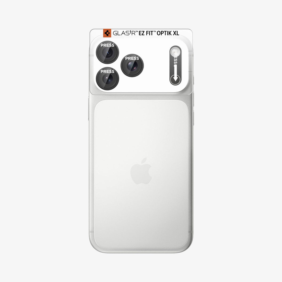 AGL12035 - iPhone 18 Pro Optik Pro XL EZ Fit Lens Protector in Dark Gray showing an alignment tray positioned over the camera area for precise installation.