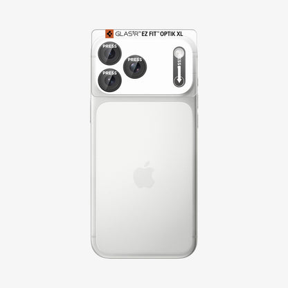 AGL12035 - iPhone 18 Pro Optik Pro XL EZ Fit Lens Protector in Dark Gray showing an alignment tray positioned over the camera area for precise installation.