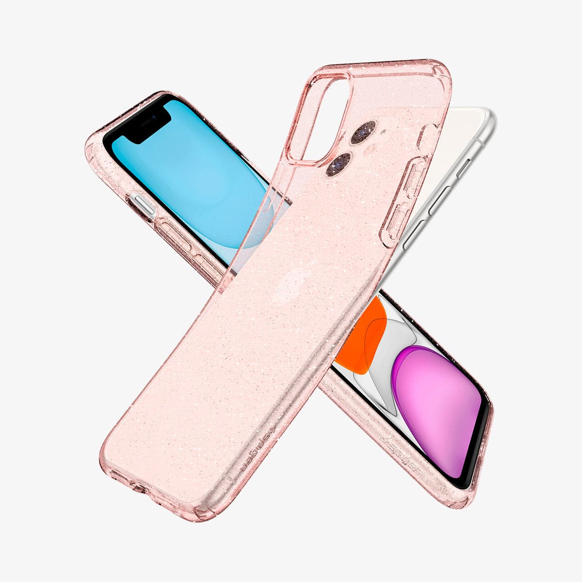 076CS27182 - iPhone 11 Case Liquid Crystal Glitter in rose quartz showing the front, side and back with case bending away from device