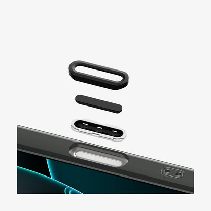 ACS09378 - iPhone 16 Pro Case c11 Series Flâneur Edition (MagFit) showing the detached parts of camera button hovering above the cutout of the case