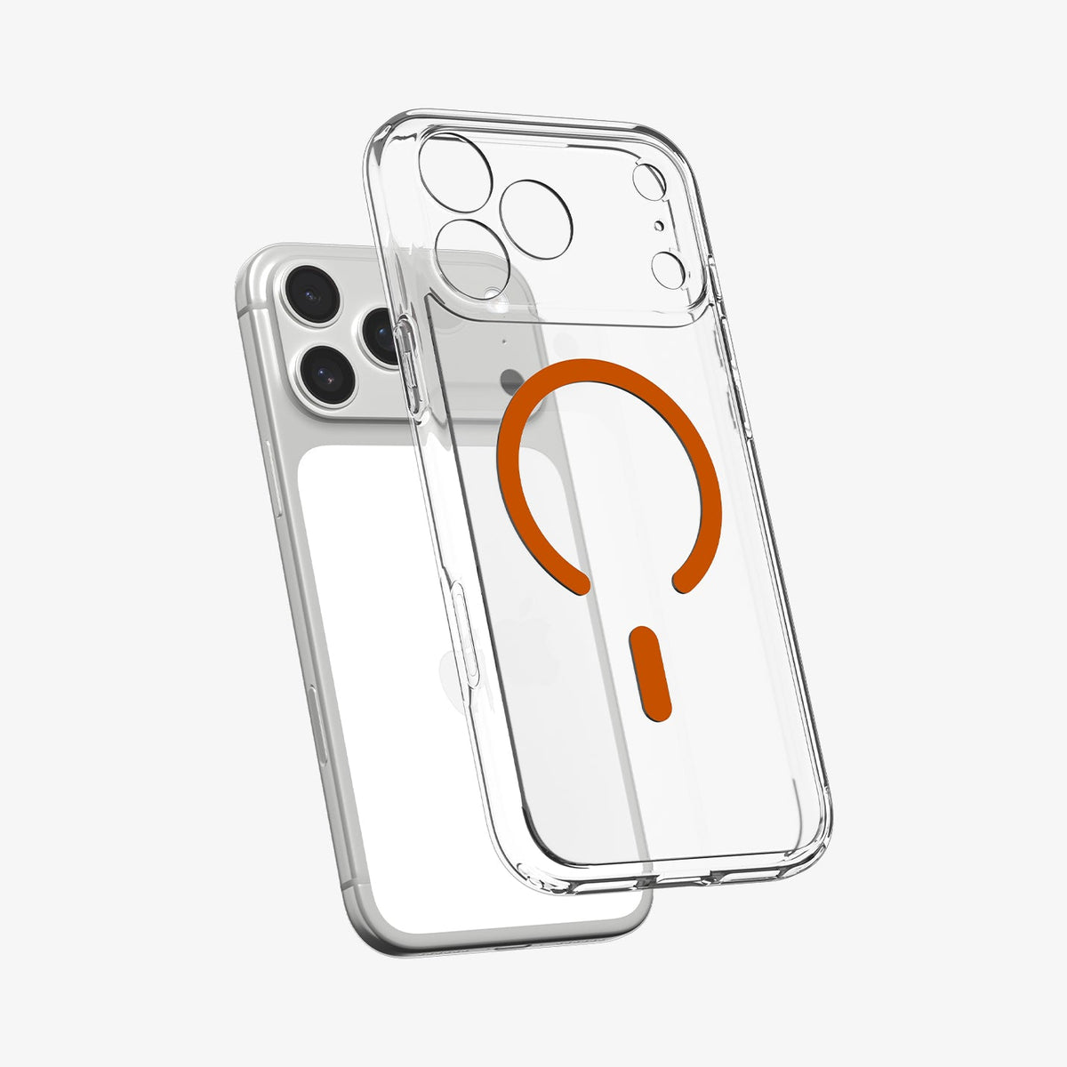 ACS11110 - iPhone 18 Pro / iPhone 17 Pro Ultra Hybrid (MagFit) in Clear Orange showing the front of layer hovering above the magfit magnet plate and the case