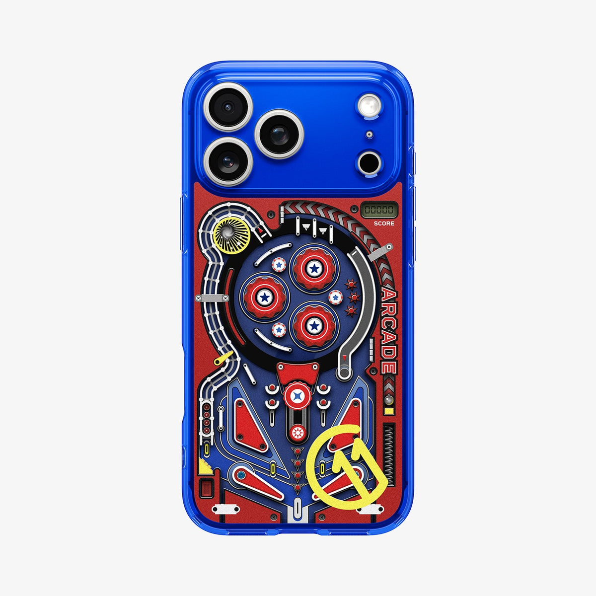 ACS11343 - iPhone 17 Pro Arcade case showing full back view with pinball-inspired graphic and glossy blue frame