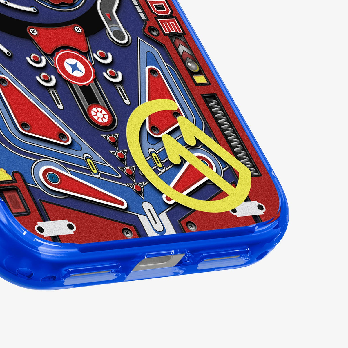 ACS11343 - iPhone 17 Pro Arcade case showing close-up of lower corner with pinball-inspired graphic details and transparent blue edge