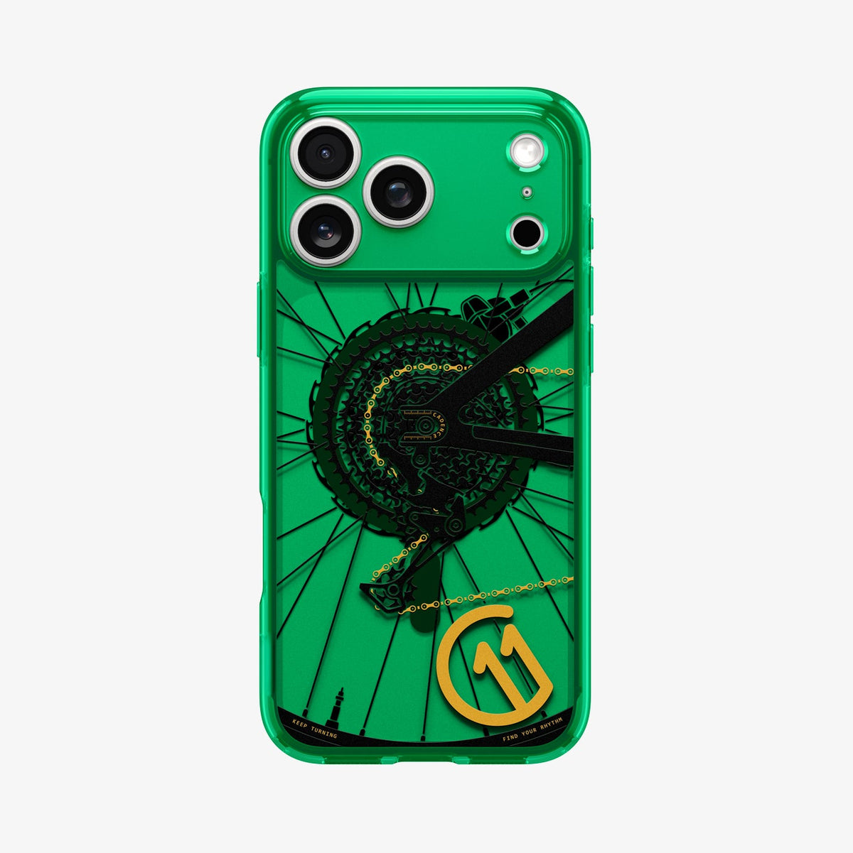 ACS11651 - Spigen Cadence C11 green iPhone 17 Pro case flat back view with bicycle gear and chain graphic
