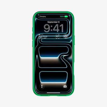 ACS11651 - Front view of iPhone 17 Pro in Spigen Cadence C11 green case showing lock screen