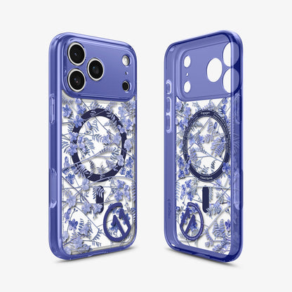 ACS11472 - Front and back view of Spigen C11 Cobalt Spring MagSafe case for iPhone 17 Pro Max showing blue floral botanical print design