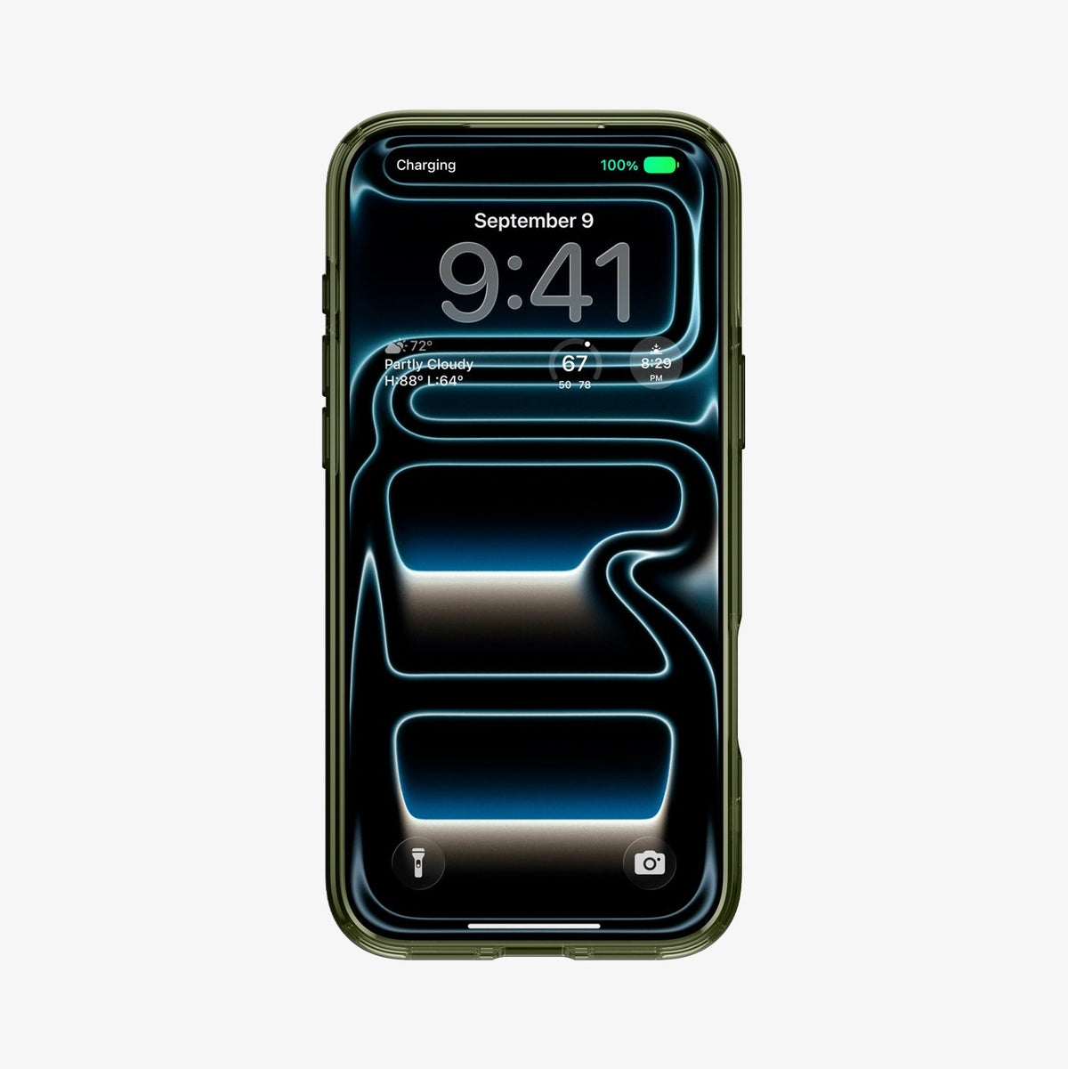 ACS12050 - Front view of iPhone 17 Pro in Spigen Phantom C11 olive green case showing lock screen