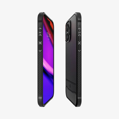 ACS06703 - iPhone 15 Pro Case Rugged Armor (MagFit) in matte black showing the sides, partial front and back