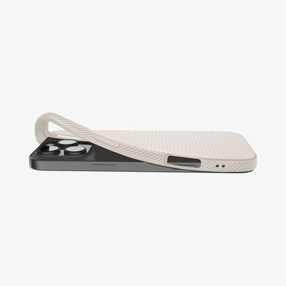 ACS08120 - iPhone 16 Pro Case Liquid Air in Natural Titanium showing the back, partially peeled off from the device on a flat