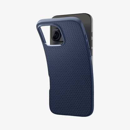 ACS07989 - iPhone 16 Pro Max Case Liquid Air in Navy Blue showing the back, partially peeled off from the device
