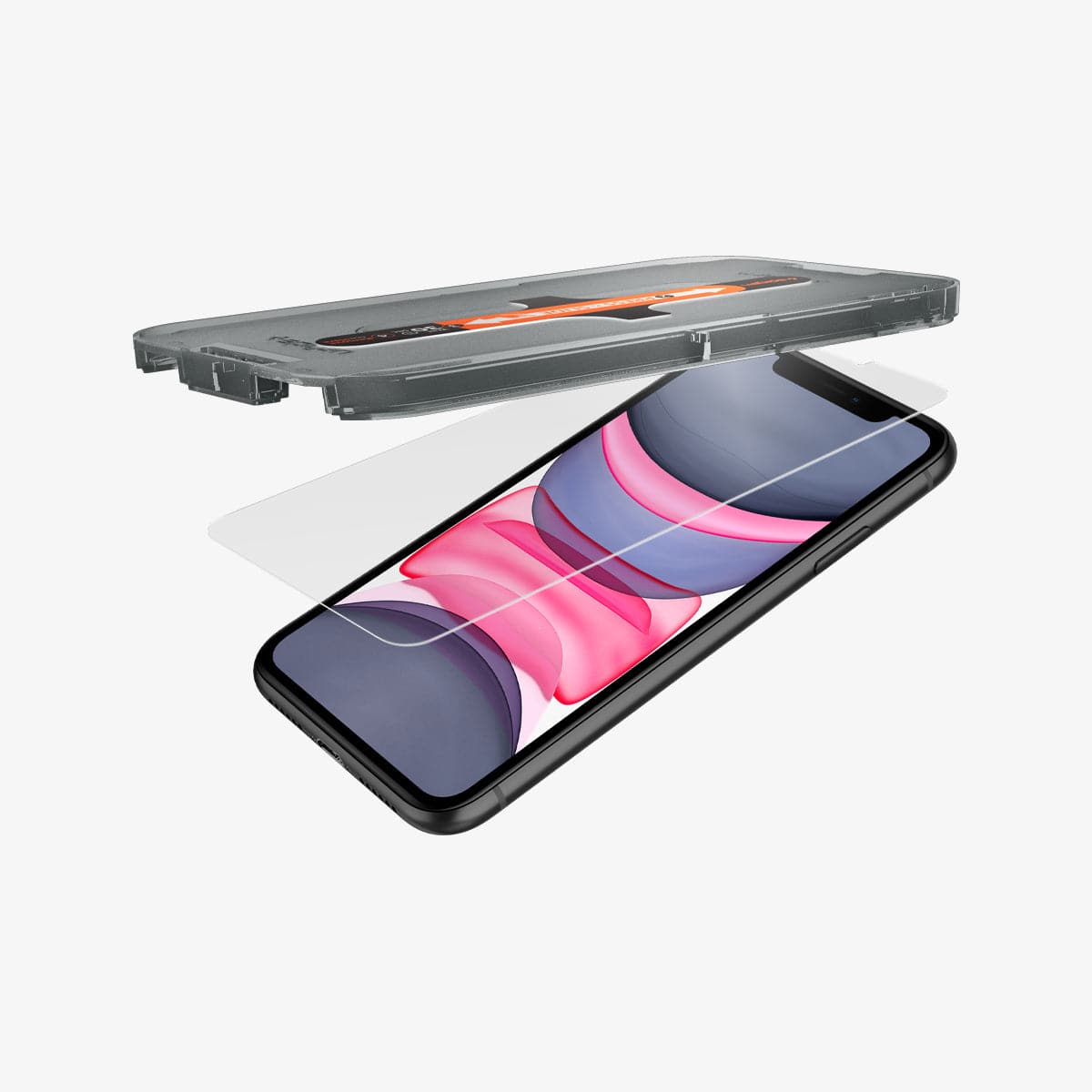 064GL25166 - iPhone XR Screen Protector GLAS.tR EZ Fit showing the ez fit tray and screen protector being installed onto device