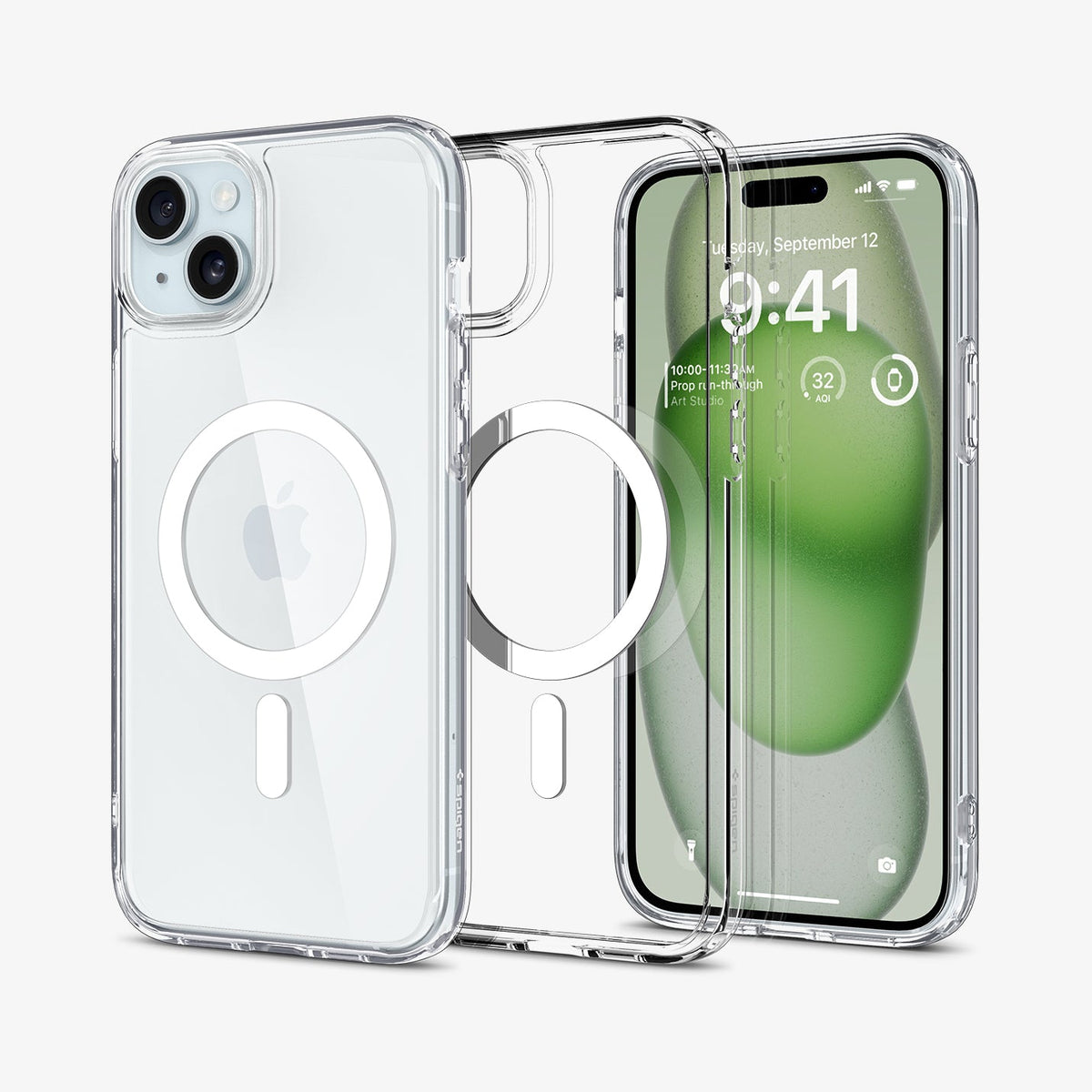 ACS06660 - iPhone 15 Plus Case Ultra Hybrid (MagFit) in white showing the back and front