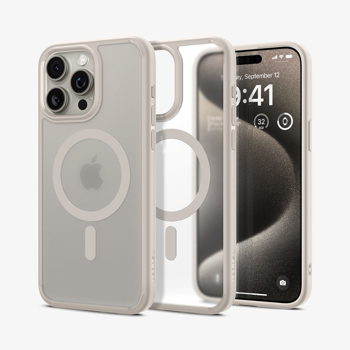 ACS07215 - iPhone 15 Pro Case Ultra Hybrid (MagFit) in Frost Natural Titanium showing the back, partial inner case, partial front and sides