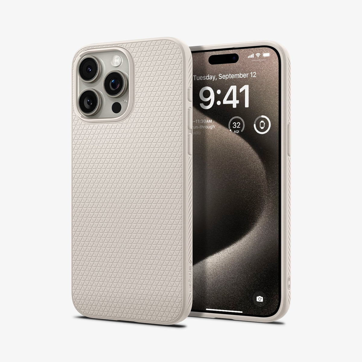 ACS07217 - iPhone 15 Pro Case Liquid Air in Natural Titanium showing the back, partial front and sides of both devices aligned with each other