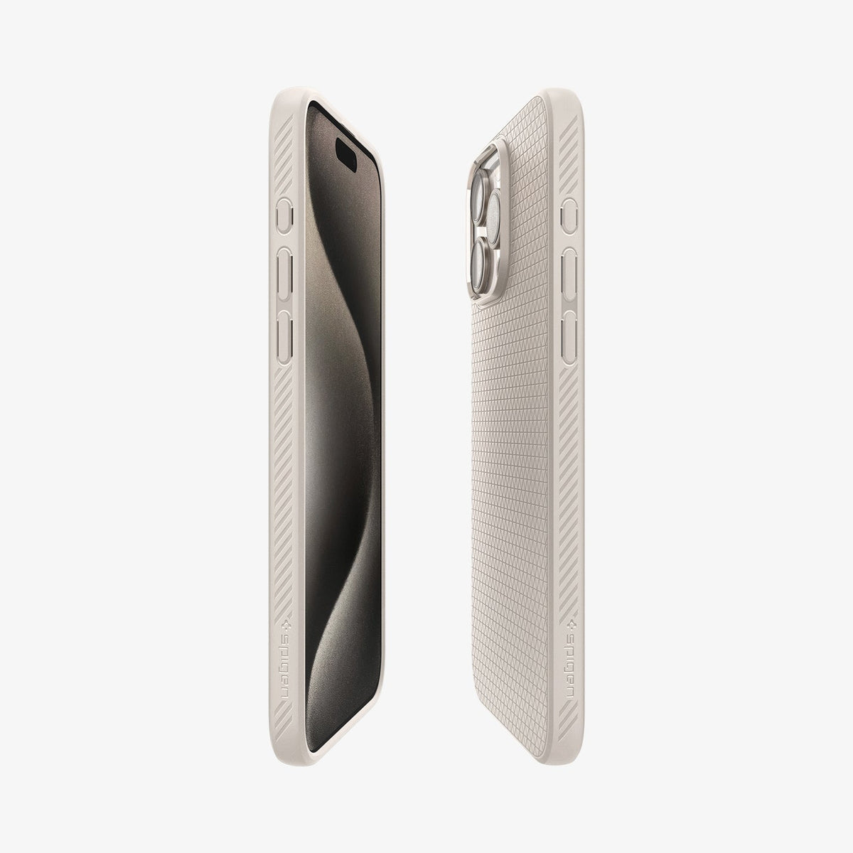 ACS07217 - iPhone 15 Pro Case Liquid Air in Natural Titanium showing the partial front, partial back and sides of both devices facing each other