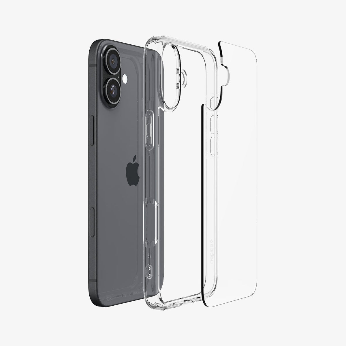 ACS08069 - iPhone 16 Plus Case Ultra Hybrid in Crystal Clear showing the back, detached from the frame of the case aligned with the device