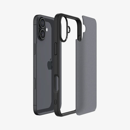 ACS08071 - iPhone 16 Plus Case Ultra Hybrid in Frost Black showing the back, detached from the frame of the case aligned with the device