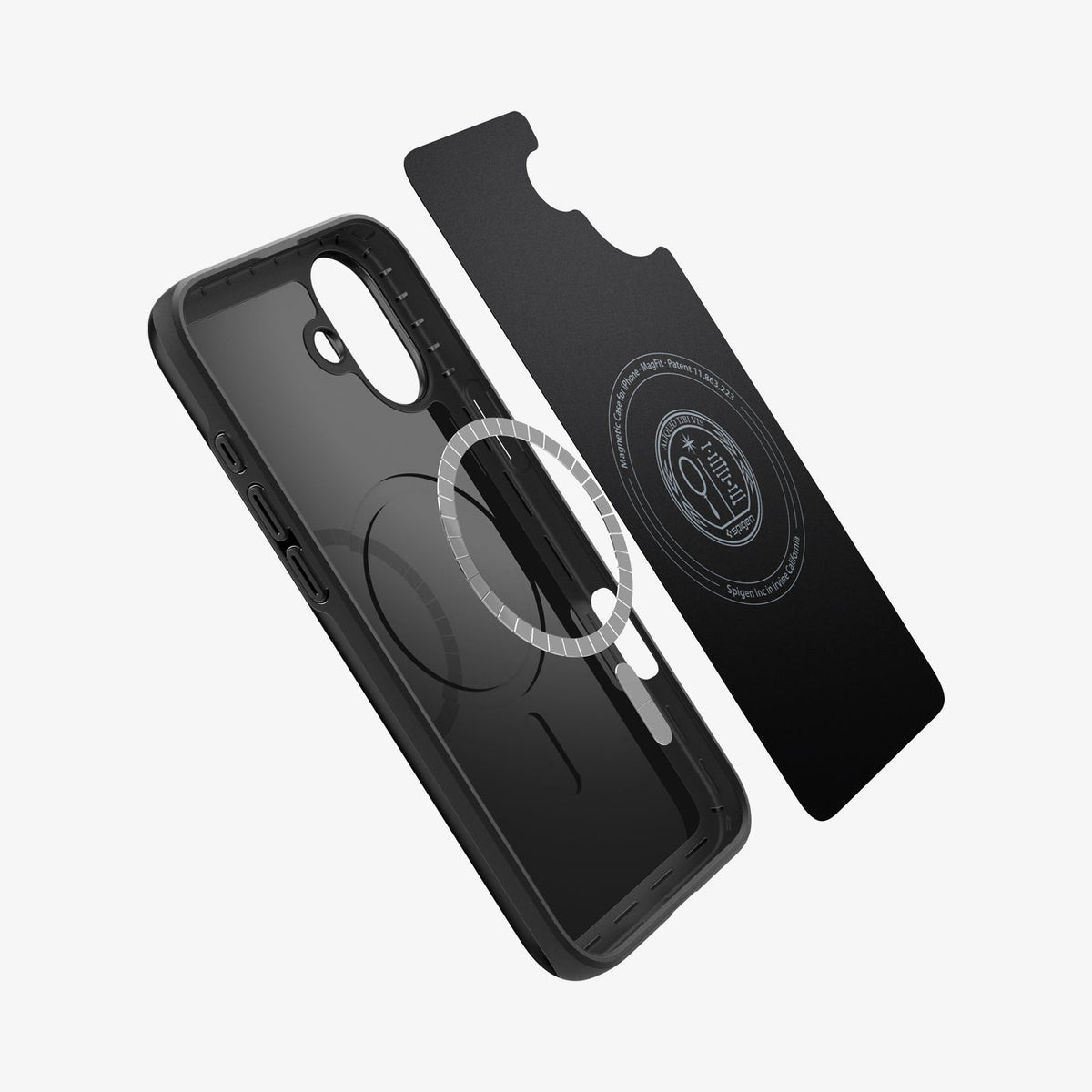 ACS08060 - iPhone 16 Plus Case Thin Fit (MagFit) in Black showing the inner layer hovering from detached magnet ring plate and the case
