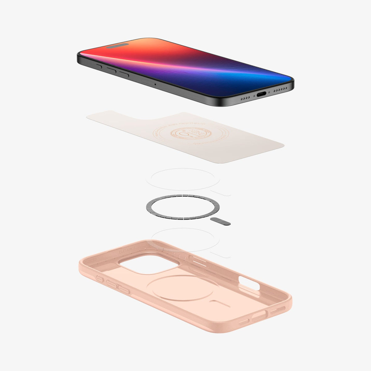 ACS08691 - iPhone 16 Pro Case Thin Fit (MagFit) in Rose Titanium showing the device hovering above the detached inner layer, metal ring plate and the case