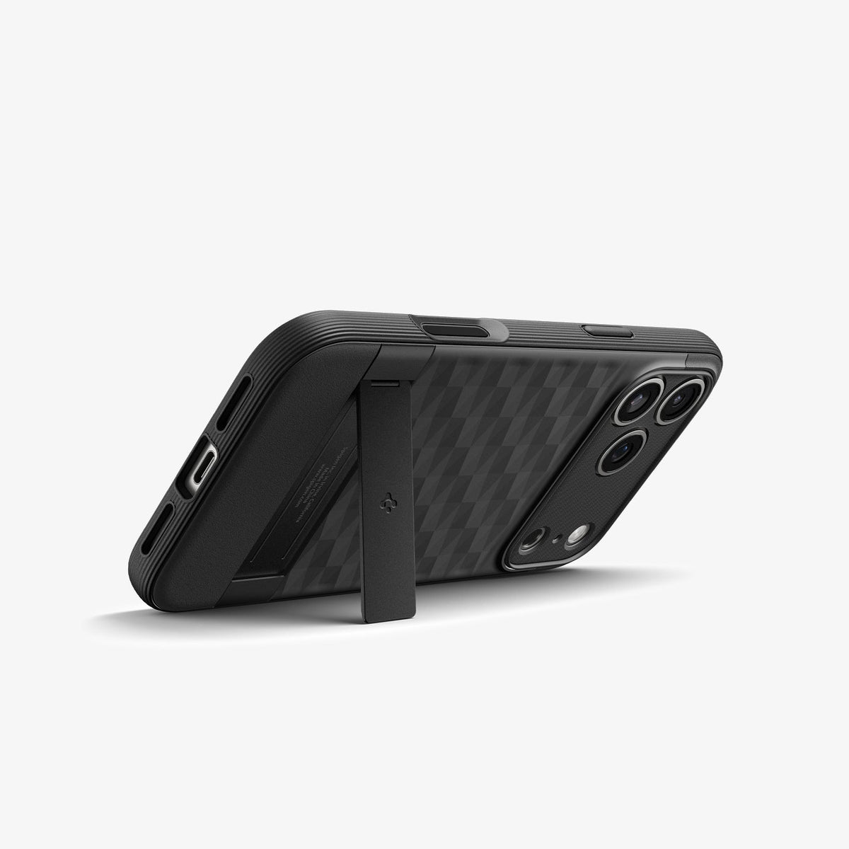 ACS09911 - iPhone 18 Pro Max / iPhone 17 Pro Max Parallax S (Mag Fit) in Matte Black showing the device propped up by built in kickstand