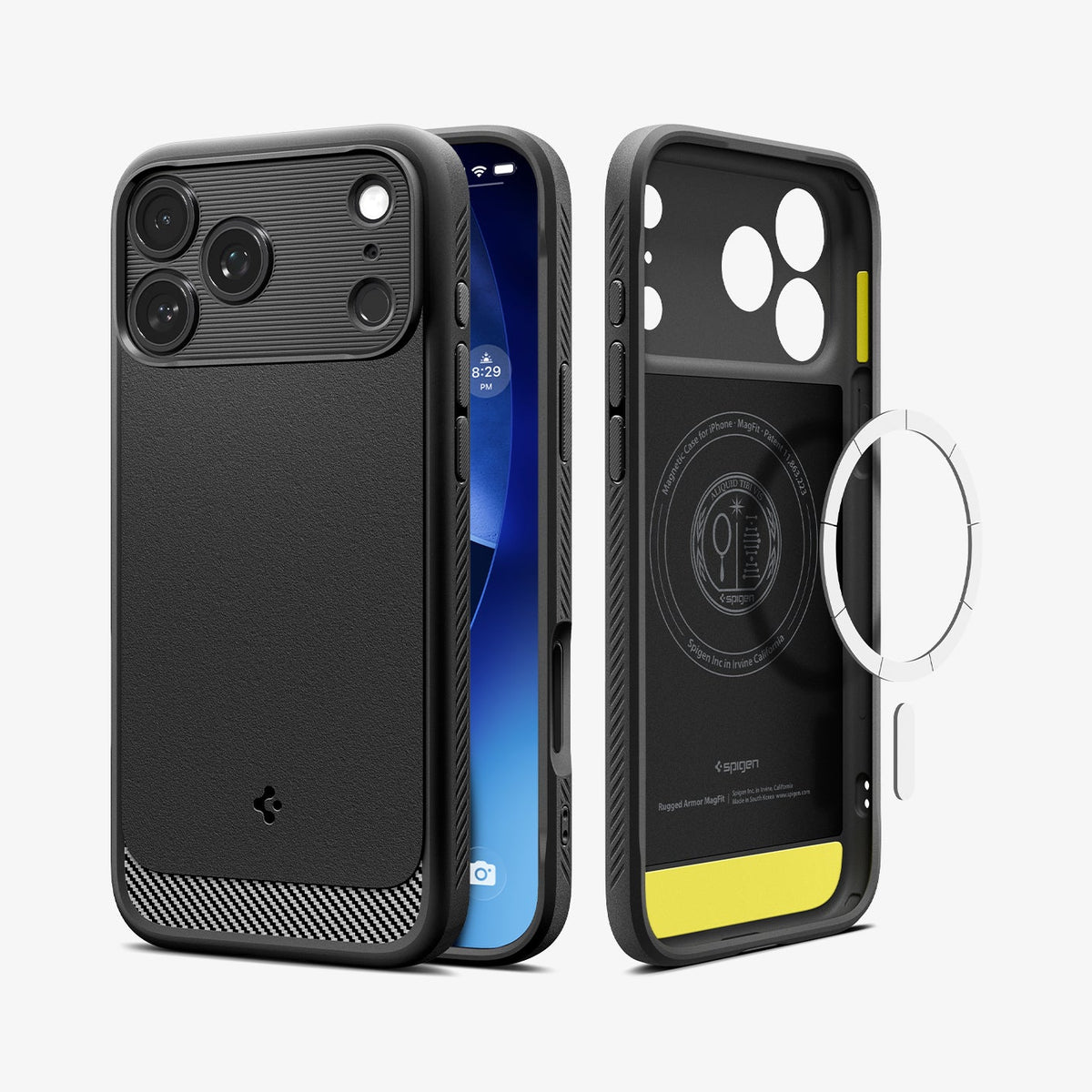 ACS09940 - iPhone 18 Pro / iPhone 17 Pro Rugged Armor (MagFit) in Matte Black showing the back, partial sides, front, inner of the case and metal ring plate hovering in front