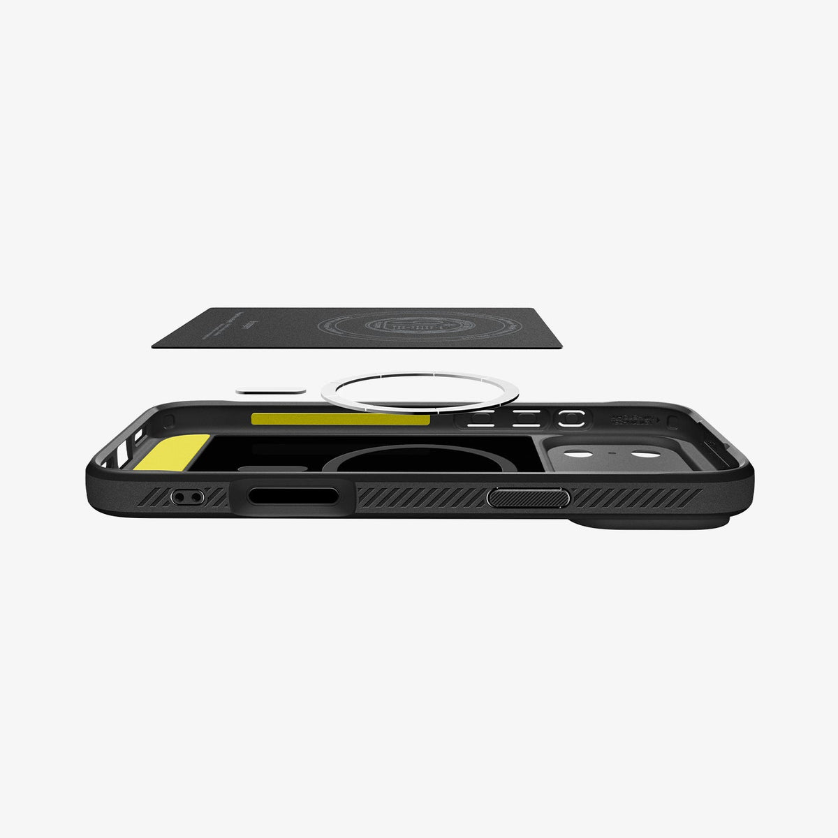 ACS09940 - iPhone 18 Pro / iPhone 17 Pro Rugged Armor (MagFit) in Matte Black showing the detached inner soft layer cover hovering above the detached metal ring plate and the inner of the case