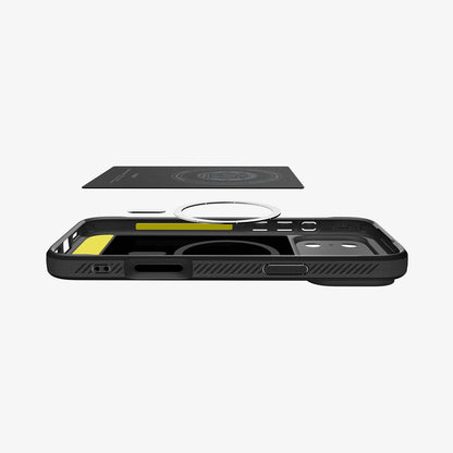 ACS09940 - iPhone 18 Pro / iPhone 17 Pro Rugged Armor (MagFit) in Matte Black showing the detached inner soft layer cover hovering above the detached metal ring plate and the inner of the case